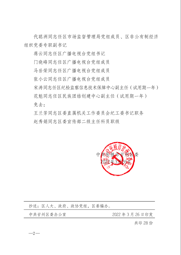 中共张掖市甘州区委关于马超等同志职务职级任免的通知